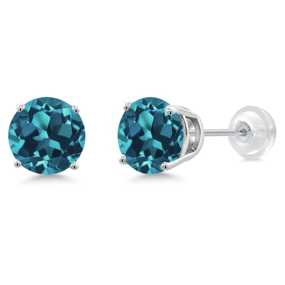 Gem Stone King 14K White Gold Stud Earrings for Women Men with Comfort Back 5.00 Ct Round 8mm London Blue Topaz