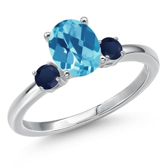Gem Stone King 14K White Gold Swiss Blue Topaz and Blue Sapphire Engagement 3-Stone Ring for Women | 1.60 Cttw | Oval Checkerboard 8X6MM and Round 3MM (Size 8)