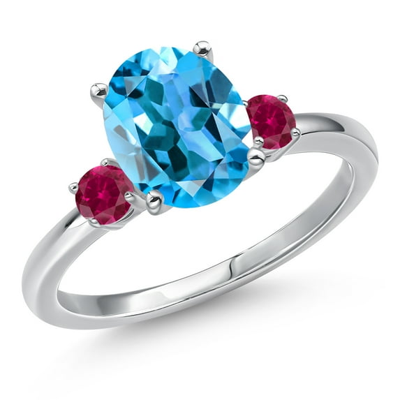 Gem Stone King 14K White Gold Swiss Blue Topaz and Red Created Ruby Engagement Ring for Women | 3.48 Cttw | Oval 10X8MM | Gemstone November Birthstone | Size 5