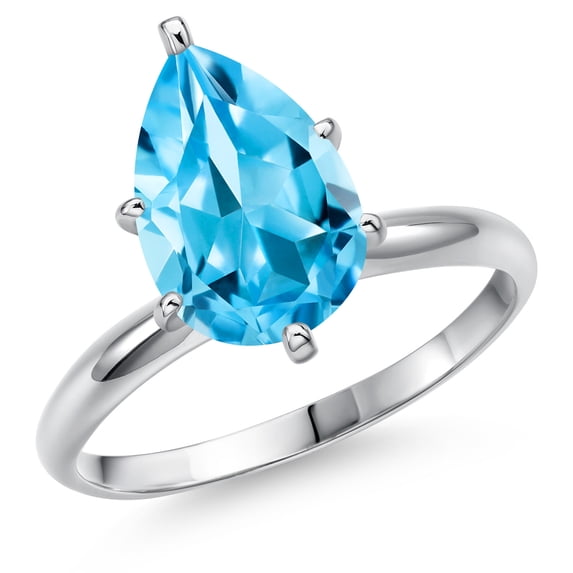 Gem Stone King 14K White Gold Swiss Blue Topaz Solitaire Engagement Ring for Women | 3.73 Cttw | Pear Shape 12X8MM | Gemstone November Birthstone | Size 7