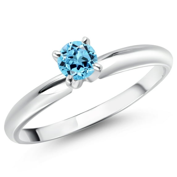 Gem Stone King 14K White Gold Swiss Blue Topaz Solitaire Engagement Ring for Women (0.36 Cttw, Round 4MM, Gemstone November Birthstone, Size 8)