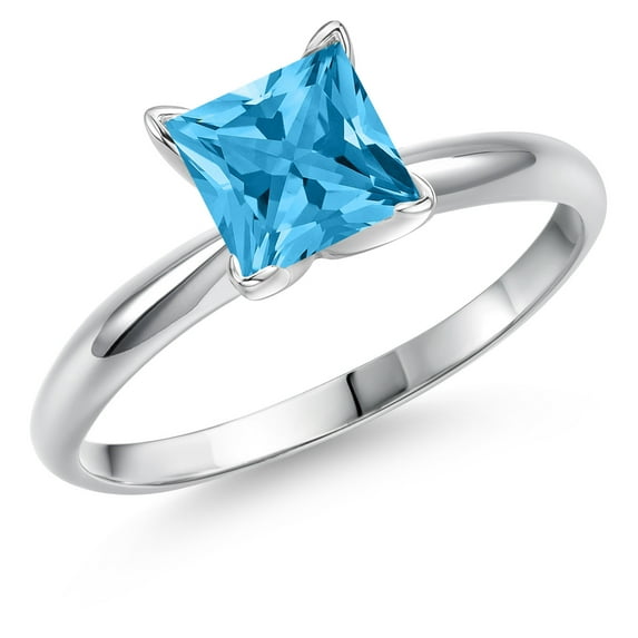 Gem Stone King 14K White Gold Swiss Blue Topaz Solitaire Engagement Ring for Women | 1.46 Cttw | Princess 6MM | Gemstone November Birthstone | Size 8