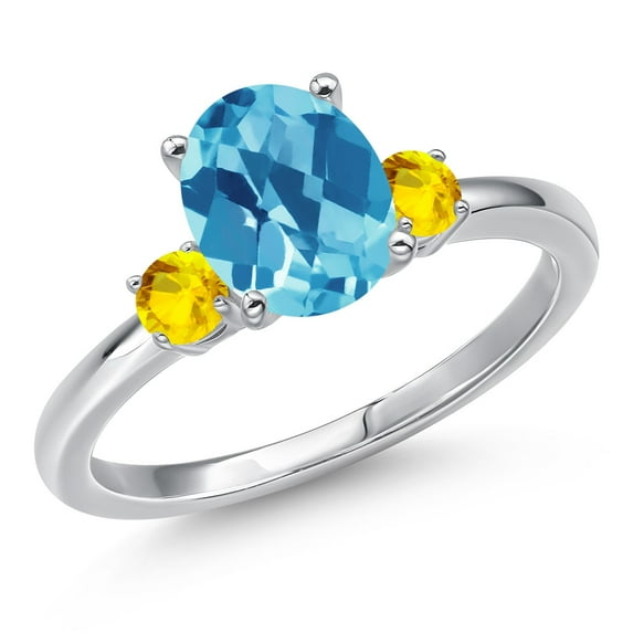Gem Stone King 14K White Gold Swiss Blue Topaz and Yellow Sapphire Engagement Ring for Women | 2.52 Cttw | Oval Checkerboard 9X7MM | Gemstone November Birthstone | Size 7