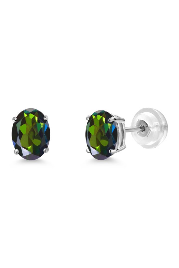 14K White Gold Tourmaline Green Mystic Topaz Stud Basket Setting Earrings for Women Men (1.60 Cttw, Gemstone Birthstone, Oval 7X5MM)