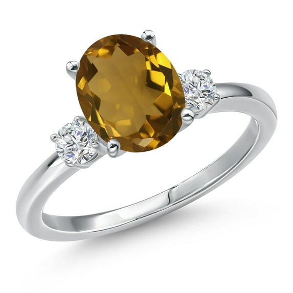 Gem Stone King 14K White Gold Whiskey Quartz and White Lab Grown Diamond Engagement Ring for Women | 2.20 Cttw | Oval 10X8MM | Gemstone Birthstone | Size 7