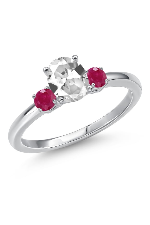 14K White Gold White Created Sapphire and Red Ruby Engagement Ring for Women | 1.31 Cttw | Oval 7X5MM | Gemstone September Birthstone | Size 8