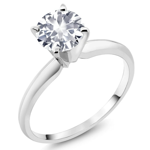 Gem Stone King 14K White Gold White Created Sapphire Solitaire Engagement 4-Prong Ring for Women | 1.00 Cttw | Round 6MM | Gemstone September Birthstone | Size 9