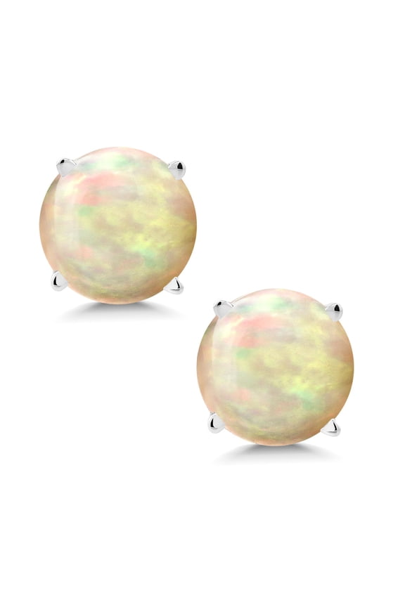 14K White Gold White Ethiopian Opal Stud Earrings for Women Men (1.12 Cttw, Round Cabochon 6MM)