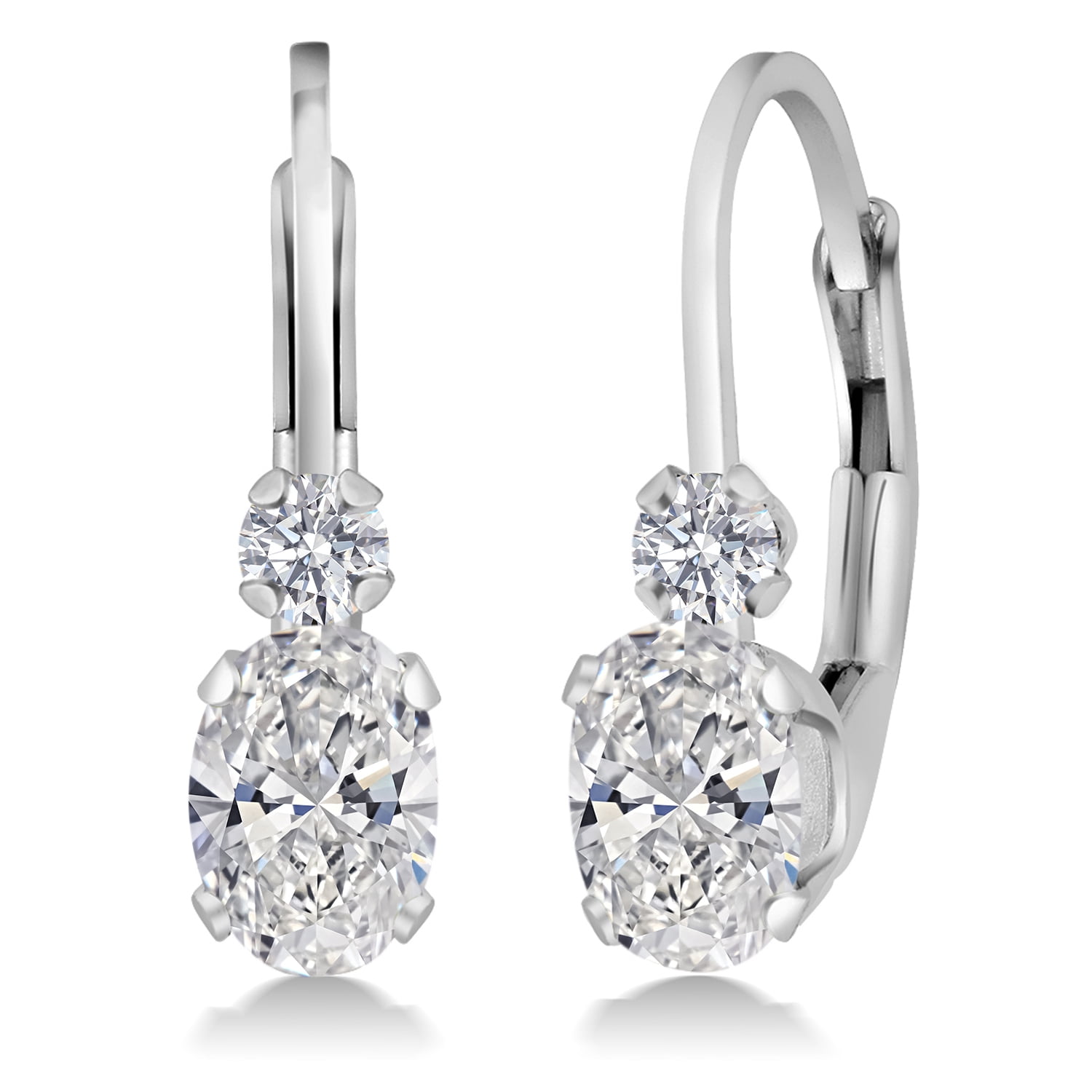 Gem Stone King 14K White Gold White Lab Grown Diamond Leverback Earrings for Women | 0.86 Cttw | Oval 6X4MM and Round 2MM | DEF Color | VVS-VS Clarity | 3/4 inch