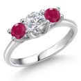 thumbnail image 1 of Gem Stone King 14K White Gold White Lab Grown Diamond & Red Ruby 3-Stone Engagement Ring | 1.20 Cttw | Round 5MM and 4MM | Three Stone Wedding Anniversary Promise Ring for Women (Size 5), 1 of 6