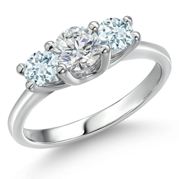 Gem Stone King 14K White Gold White Lab Grown Diamond & Sky Blue Aquamarine 3-Stone Engagement Ring | 1.00 Cttw | Round 5MM and 4MM | Three Stone Wedding Anniversary Promise Ring for Women (Size 9)