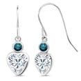 thumbnail image 1 of Gem Stone King 14K White Gold White Moissanite and Blue Diamond French Wire Dangle Hook Earrings for Women (1.80 Cttw, Gemstone Birthstone, Heart 6MM, Round 3MM), 1 of 4