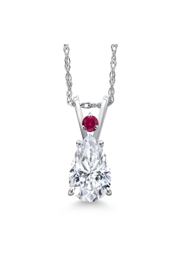 14K White Gold White Moissanite and Red Created Ruby Pendant Necklace for Women | 1.37 Cttw | Gemstone Birthstone | Pear Shape 9X6MM | With 18 inch Chain