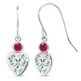 thumbnail image 1 of Gem Stone King 14K White Gold White Moissanite and Red Ruby French Wire Dangle Hook Earrings for Women (1.91 Cttw, Gemstone Birthstone, Heart 6MM, Round 3MM), 1 of 4