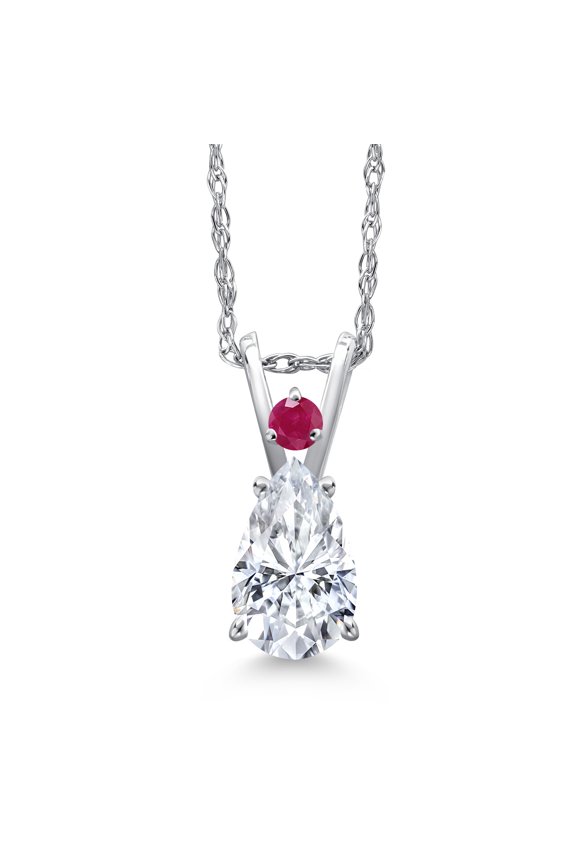 14K White Gold White Moissanite and Red Ruby Pendant Necklace for Women | 1.04 Cttw | Gemstone Birthstone | Pear Shape 8X5MM | With 18 inch Chain