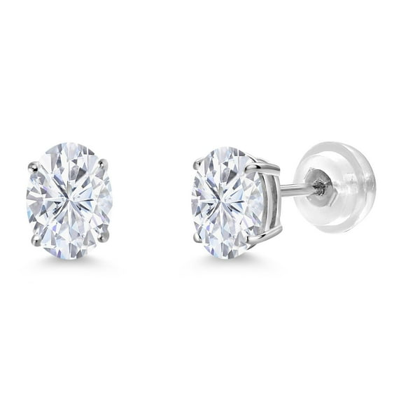 Gem Stone King 14K White Gold White Moissanite Stud Basket Setting Earrings for Women Men (1.80 Cttw, Gemstone Birthstone, Oval 7X5MM)