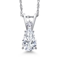 Gem Stone King 14K White Gold White Moissanite and White Created Sapphire Pendant Necklace for Women | 0.71 Cttw | Gemstone Birthstone | Pear Shape 7X5MM | With 18 inch Chain