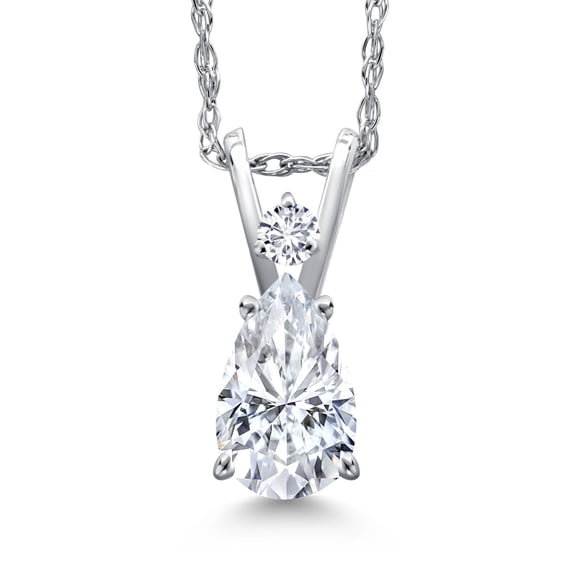 Gem Stone King 14K White Gold White Moissanite and White Diamond Pendant Necklace for Women | 0.70 Cttw | Gemstone Birthstone | Pear Shape 7X5MM | With 18 inch Chain