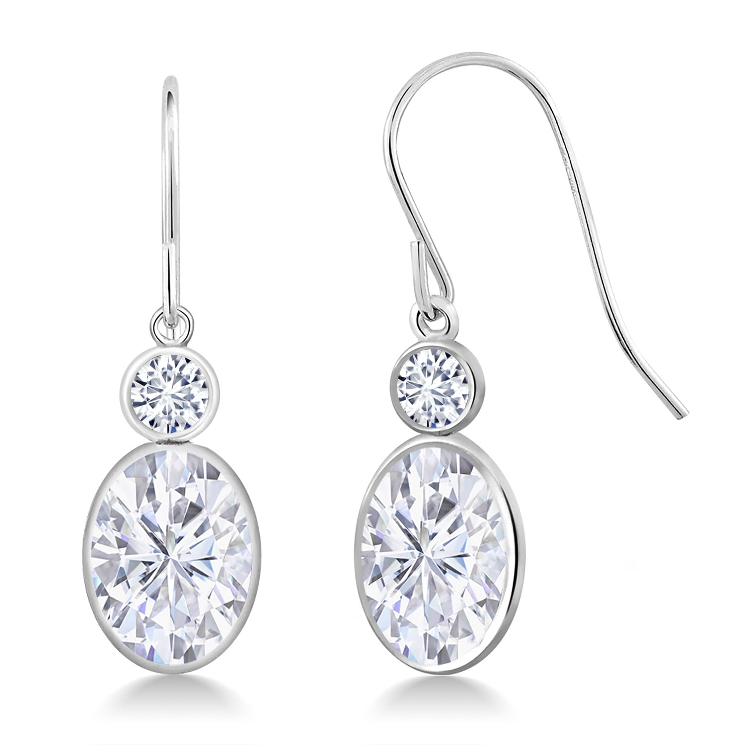 Gem Stone King 14K White Gold White Moissanite and White Lab Grown Diamond Hook French Fish Ear Wire Dangle Earrings for Women | 3.20 Cttw | Oval 8X6MM, Round 3MM