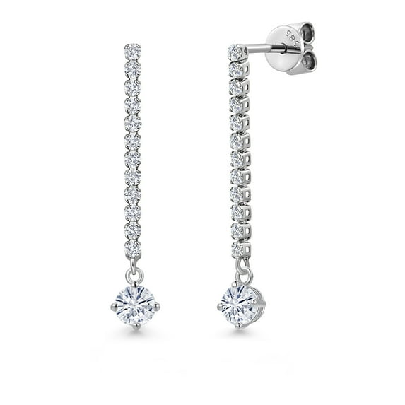 Gem Stone King 14K White Gold White Moissanite and White Lab Grown Diamond Long Liner Dangle Earrings for Women | 0.82 Cttw | Gemstone Birthstone | Round 4MM | White Gold Chain Drop Earrings