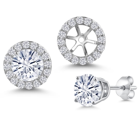 Gem Stone King 14K White Gold White Moissanite and White Lab Grown Diamond Removable Earrings Jackets for Women | 2.08 Cttw | Gemstone Birthstone | Round 6MM