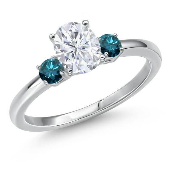 Gem Stone King 14K White Gold White Moissanite and Blue Diamond Engagement Ring for Women | 1.10 Cttw | Oval 7X5MM | Gemstone Birthstone | Size 9