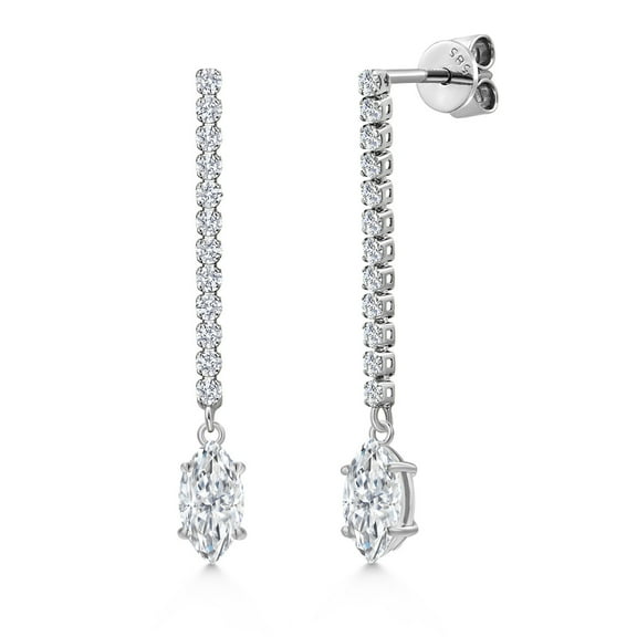 Gem Stone King 14K White Gold White Moissanite and Lab Grown Diamond Dangle Earrings for Women | 1.36 Cttw | Gemstone Birthstone | Marquise 8X4MM