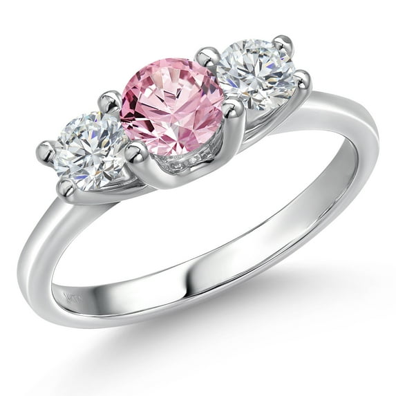Gem Stone King 14K White Gold White and Pink Lab Grown Diamond 3-Stone Engagement Ring | 1.04 Cttw | Round 5MM and 4MM | Three Stone Wedding Anniversary Promise Ring for Women (Size 9)