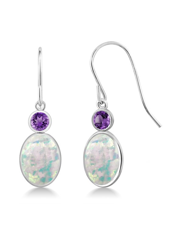 14K White Gold White Simulated Opal and Purple Amethyst Hook French Fish Ear Wire Dangle Earrings for Women (2.30 Cttw, Gemstone October Birthstone, Oval Cabochon 8X6MM, Round 3MM)