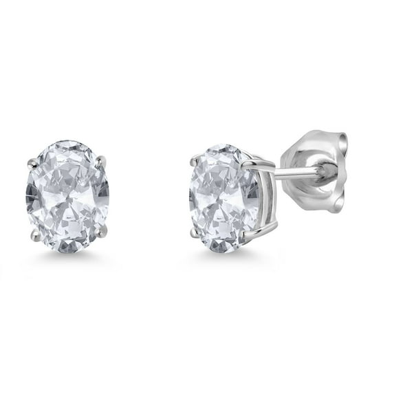 Gem Stone King 14K White Gold White Topaz Double Notch Stud Earrings | 2.00 Cttw | Gemstone November Birthstone | Oval 7X5MM | Gold Earrings for Women Men