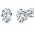 thumbnail image 1 of Gem Stone King 14K White Gold White Topaz Double Notch Stud Earrings | 3.00 Cttw | Gemstone November Birthstone | Oval 8X6MM | Gold Earrings for Women Men, 1 of 6