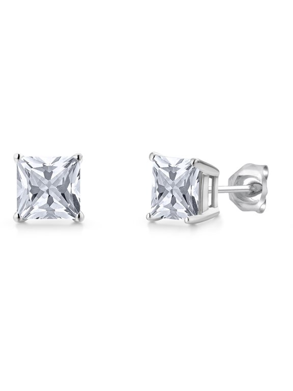 14K White Gold White Zirconia Double Notch Stud Earrings | 2.50 Cttw | Gemstone Birthstone | Princess 6MM | Gold Earrings for Women Men