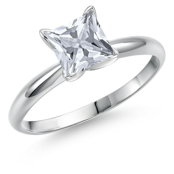 Gem Stone King 14K White Gold White Zirconia Solitaire Engagement Ring for Women | 1.25 Cttw | Princess 6MM | Gemstone Birthstone | Size 5