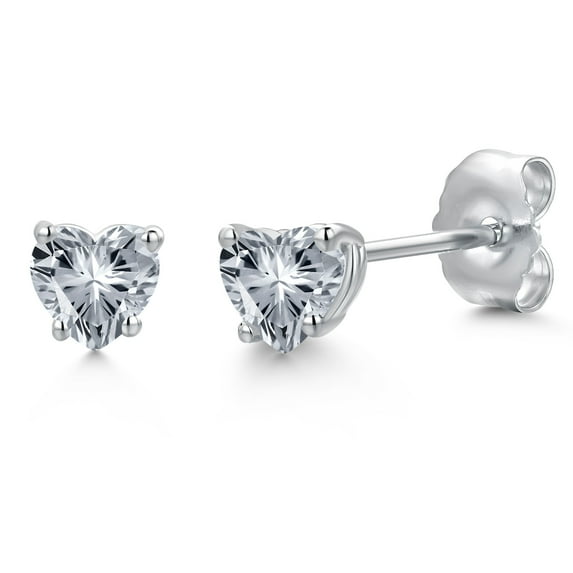 Gem Stone King 14K White Gold White Zirconia Stud Earrings for Women | 0.48 Cttw | Gemstone Birthstone | Heart Shape 4MM