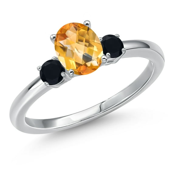 Gem Stone King 14K White Gold Yellow Citrine and Black Onyx Engagement Ring for Women | 0.93 Cttw | Oval Checkerboard 7X5MM | Gemstone November Birthstone | Size 9