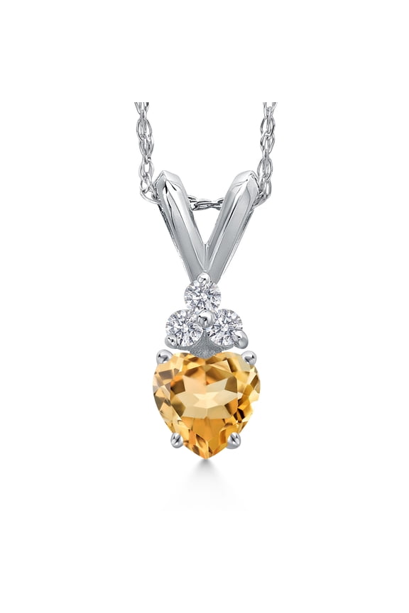 14K White Gold Yellow Citrine and Lab Grown Diamond Pendant Necklace for Women | 0.25 Cttw | Gemstone November Birthstone | Heart Shape 4MM | With 18 inch Chain