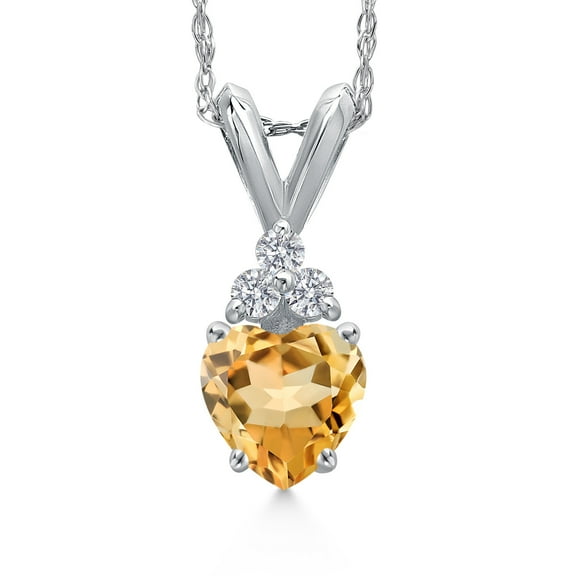 Gem Stone King 14K White Gold Yellow Citrine and Lab Grown Diamond Pendant Necklace for Women | 0.49 Cttw | Gemstone November Birthstone | Heart Shape 5MM | With 18 inch Chain