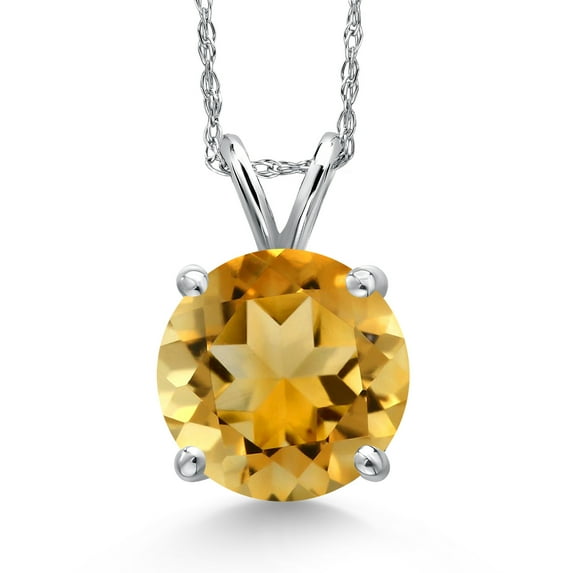 Gem Stone King 14K White Gold Yellow Citrine Pendant Necklace for Women | 3.52 Cttw | Gemstone November Birthstone | Round 10MM | With 18 inch Chain