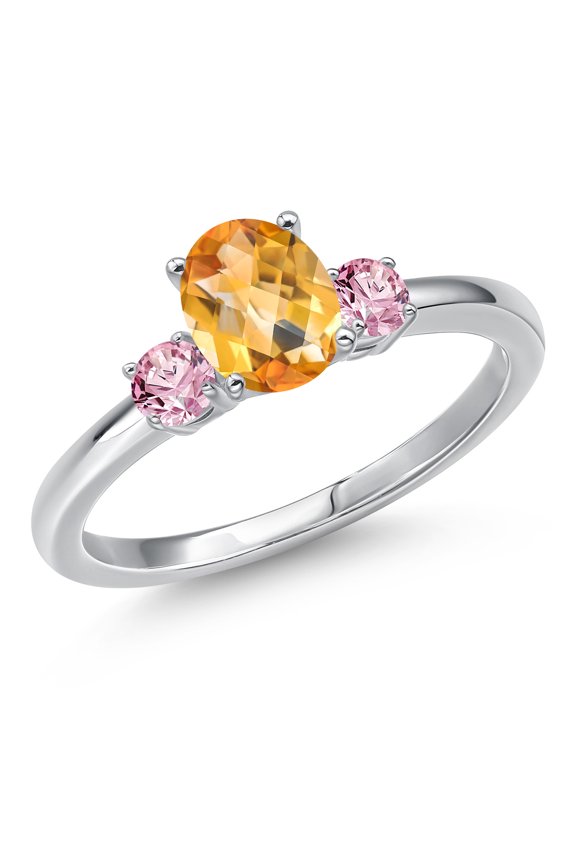 14K White Gold Yellow Citrine and Pink Lab Grown Diamond Engagement Ring for Women | 0.99 Cttw | Oval Checkerboard 7X5MM | Gemstone November Birthstone | Size 5