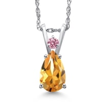 Gem Stone King 14K White Gold Yellow Citrine and Pink Lab Grown Diamond Pendant Necklace for Women | 0.88 Cttw | Gemstone November Birthstone | Pear Shape 7X5MM | With 18 inch Chain