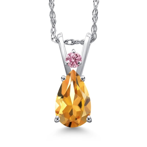 Gem Stone King 14K White Gold Yellow Citrine and Pink Lab Grown Diamond Pendant Necklace for Women | 0.88 Cttw | Gemstone November Birthstone | Pear Shape 7X5MM | With 18 inch Chain