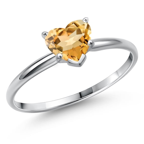 Gem Stone King 14K White Gold Yellow Citrine Solitaire Engagement Ring for Women | 0.46 Cttw | Heart Shape 5MM | Gemstone November Birthstone | Size 8