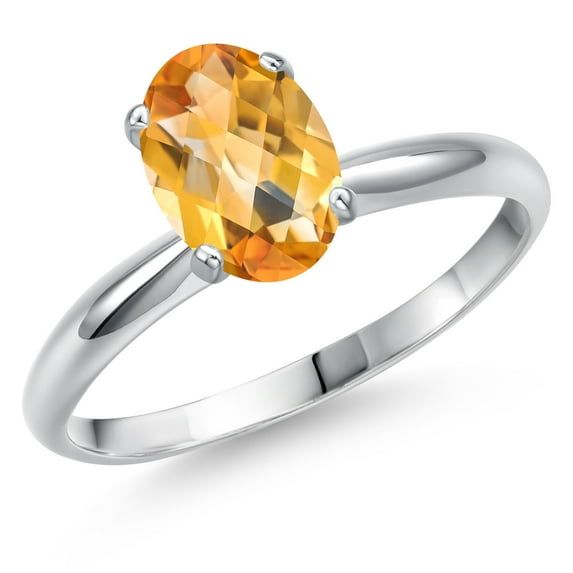 Gem Stone King 14K White Gold Yellow Citrine Solitaire Engagement Ring for Women | 1.25 Cttw | Oval Checkerboard 8X6MM | Gemstone November Birthstone | Size 5