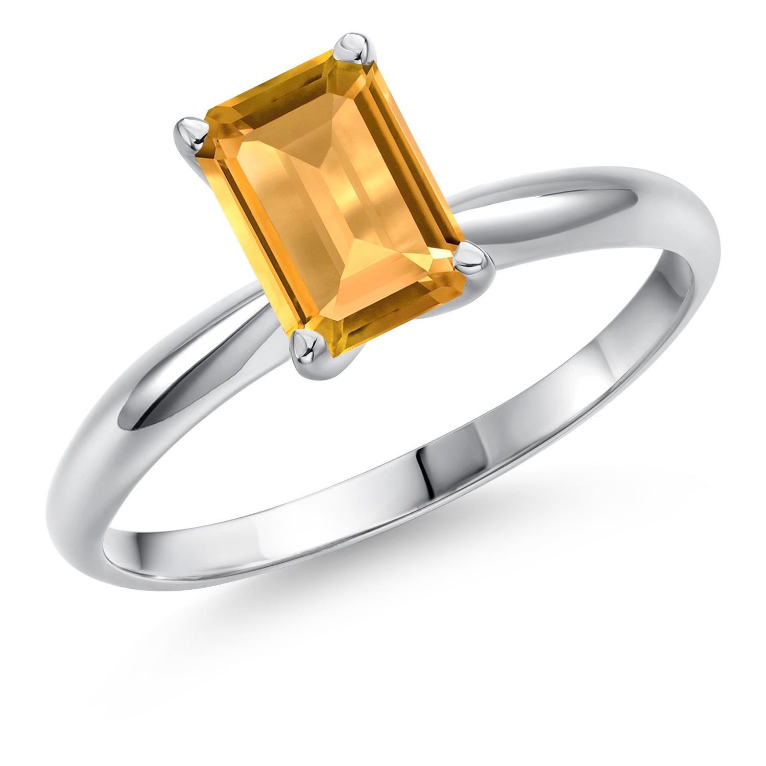 Gem Stone King 14K White Gold Yellow Citrine Solitaire Engagement Ring for Women | 1.65 Cttw | Emerald Cut 8X6MM | Gemstone November Birthstone | Size 7
