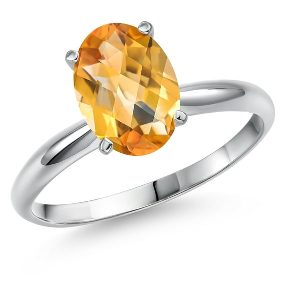Gem Stone King 14K White Gold Yellow Citrine Solitaire Engagement Ring for Women | 1.65 Cttw | Oval Checkerboard 9X7MM | Gemstone November Birthstone | Size 8