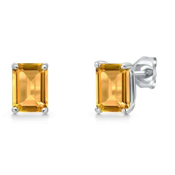 Gem Stone King 14K White Gold Yellow Citrine Stud Basket Setting Earrings | 1.74 Cttw | Gemstone November Birthstone | Emerald Cut 7X5MM | Double Notch | Gold Earrings for Women Men