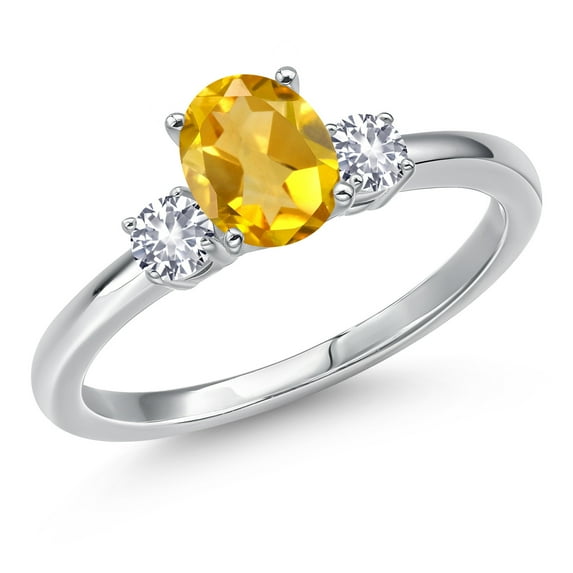Gem Stone King 14K White Gold Yellow Citrine and White Created Sapphire Engagement Ring for Women | 1.01 Cttw | Oval 7X5MM | Gemstone November Birthstone | Size 9