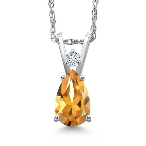Gem Stone King 14K White Gold Yellow Citrine and White Moissanite Pendant Necklace for Women | 0.88 Cttw | Gemstone November Birthstone | Pear Shape 7X5MM | With 18 inch Chain