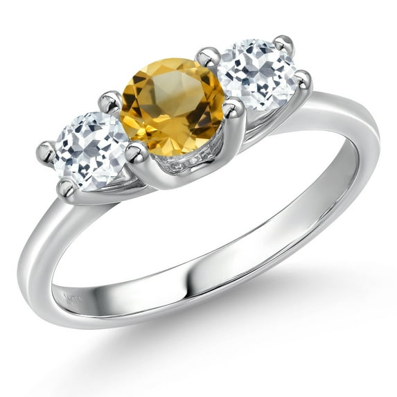 Gem Stone King 14K White Gold Yellow Citrine & White Topaz 3-Stone Engagement Ring | 1.11 Cttw | Round 5MM and 4MM | Three Stone Wedding Anniversary Promise Ring for Women (Size 9)