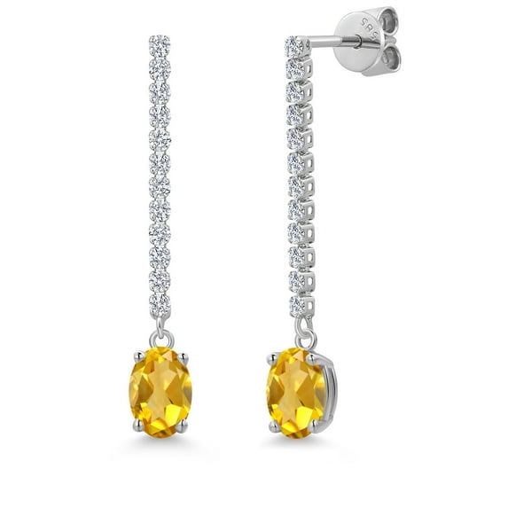 Gem Stone King 14K White Gold Yellow Citrine and Lab Grown Diamond Dangle Earrings for Women | 1.86 Cttw | Gemstone November Birthstone | Oval 7X5MM